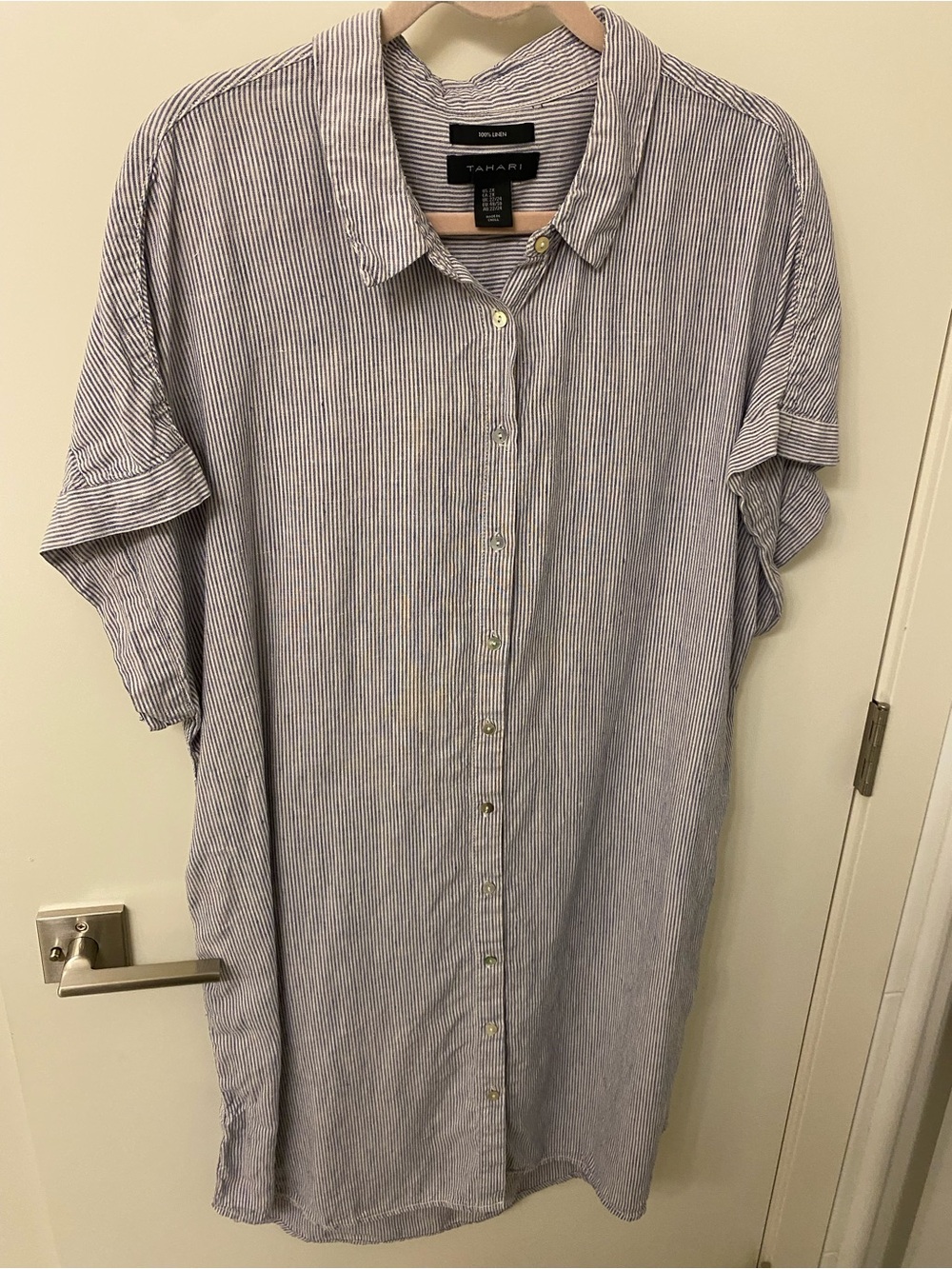 Tahari Blue and White Striped Linen Shirt